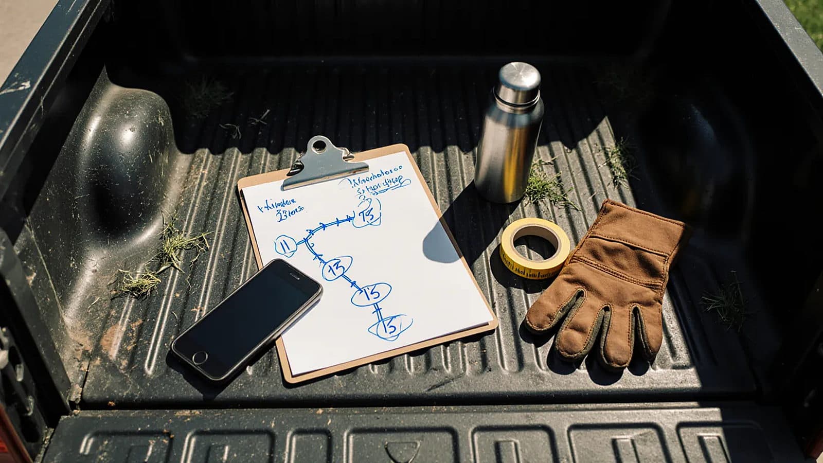 Overhead of a work truck tailgate with a clipboard, phone, and coffee