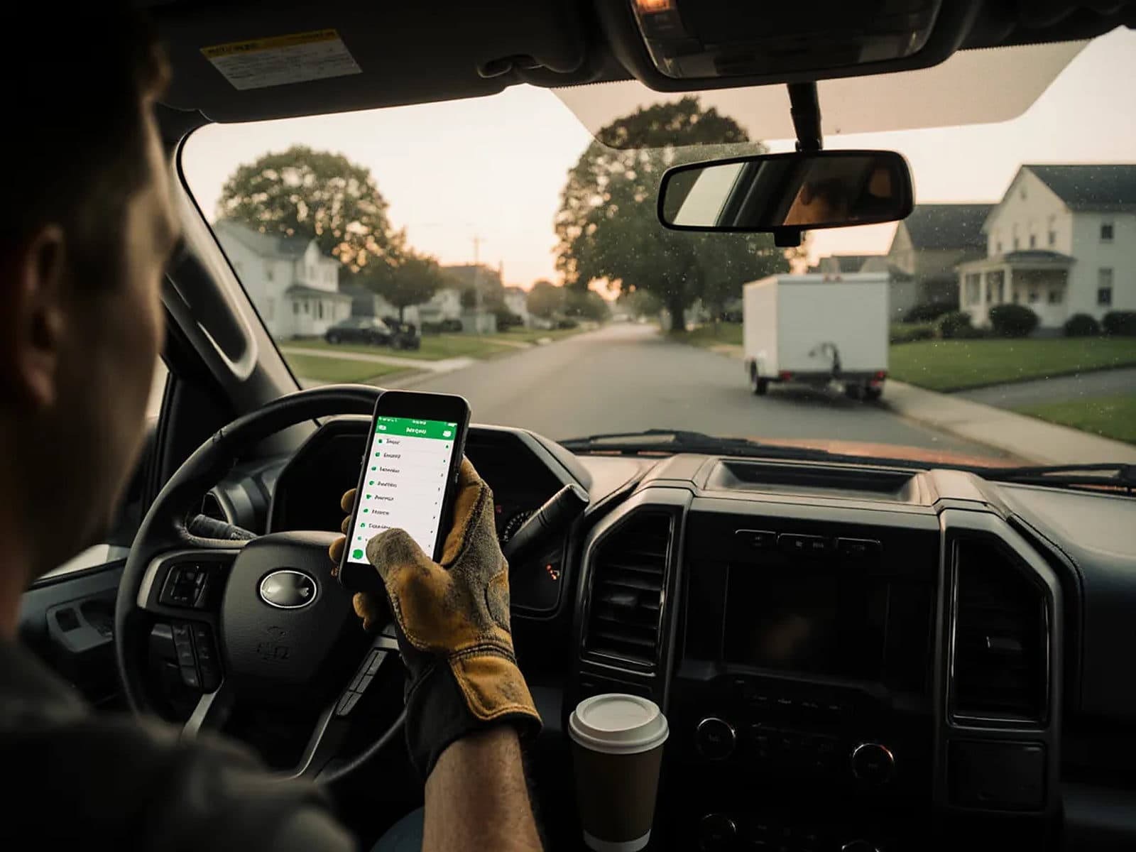 Crew lead in a truck cab at dawn checking today's mowing route on a phone