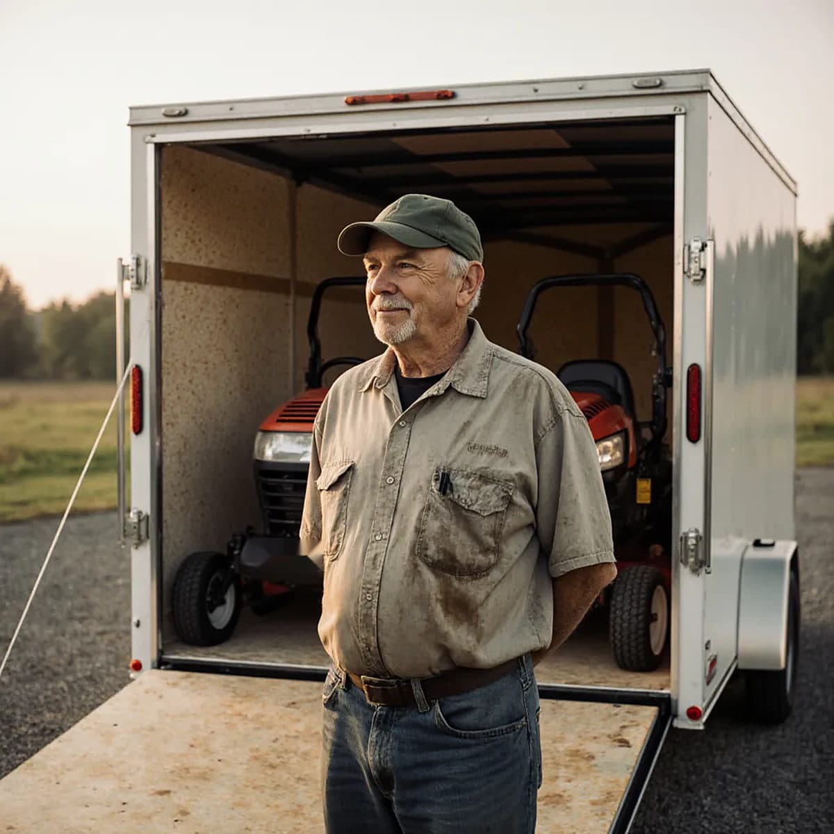 Shiloh Outdoor Services crew member standing beside a trailer of mowers