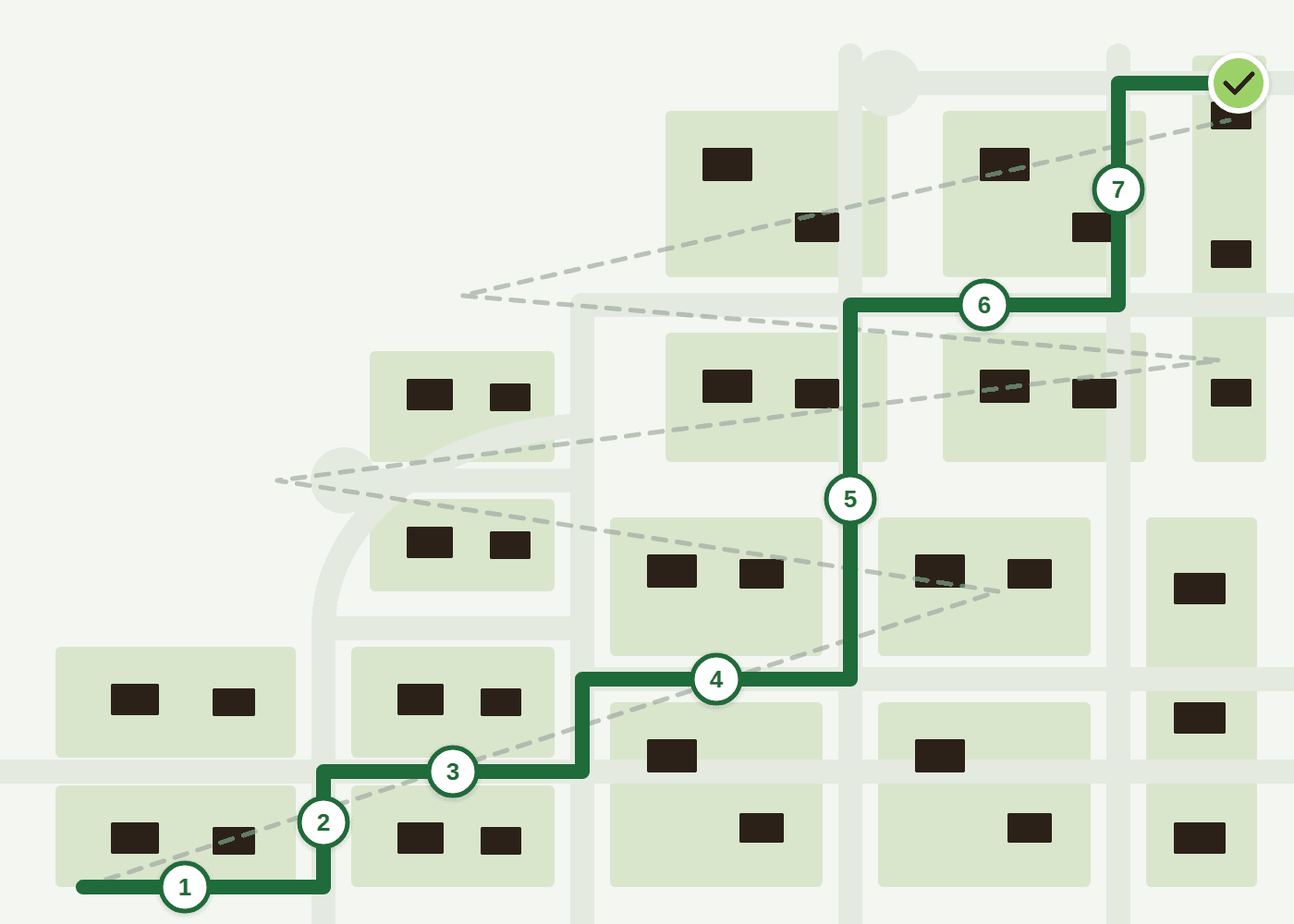 Stylized map with a single optimized route through a suburb