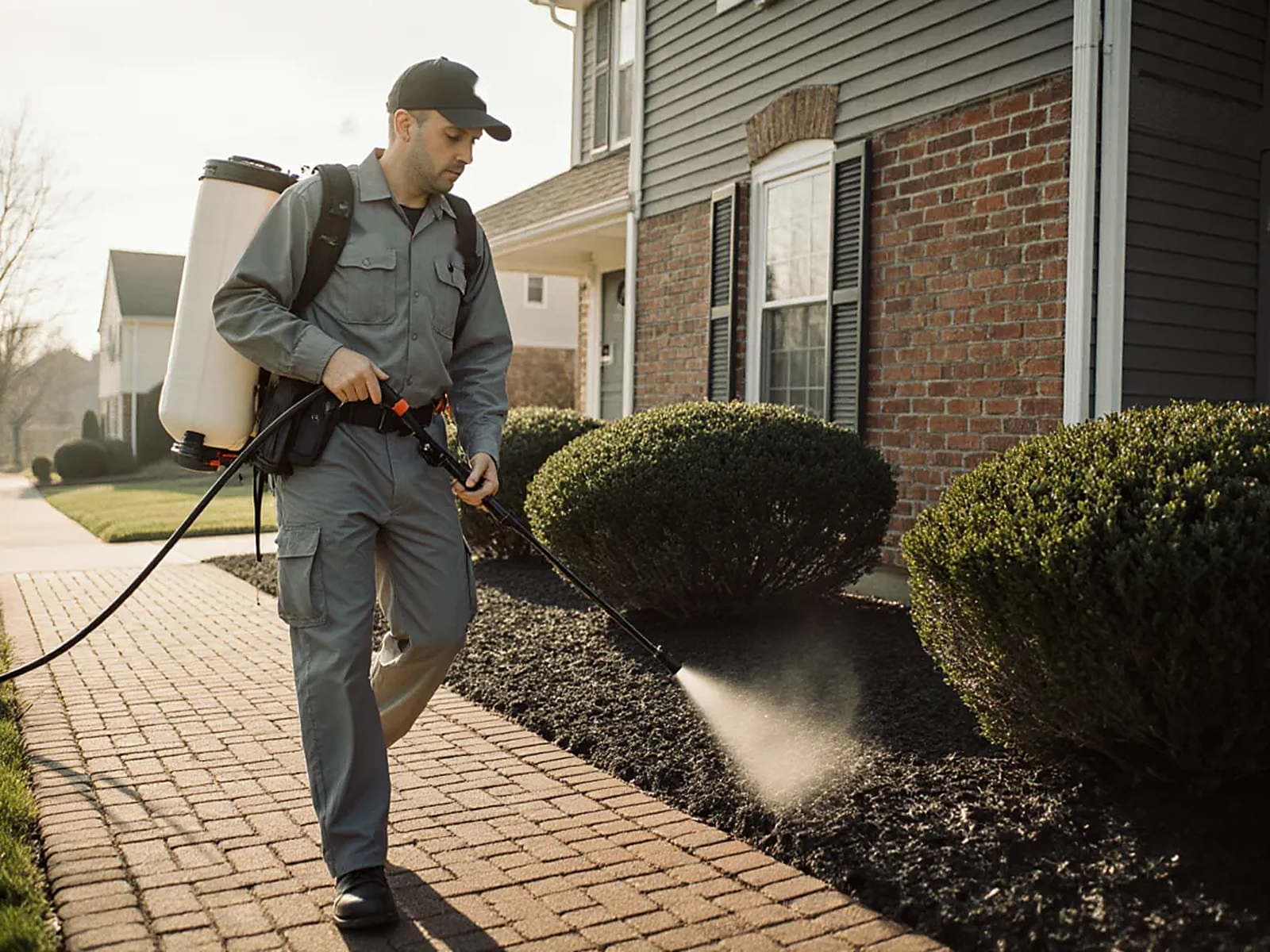 Pest control technician treating a home's foundation perimeter