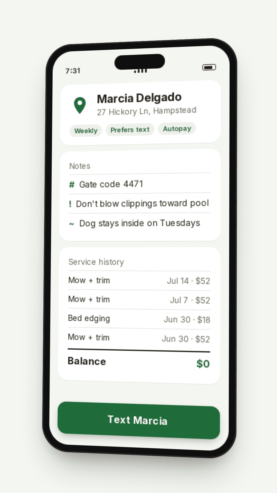 Phone showing a customer card with property notes and gate code