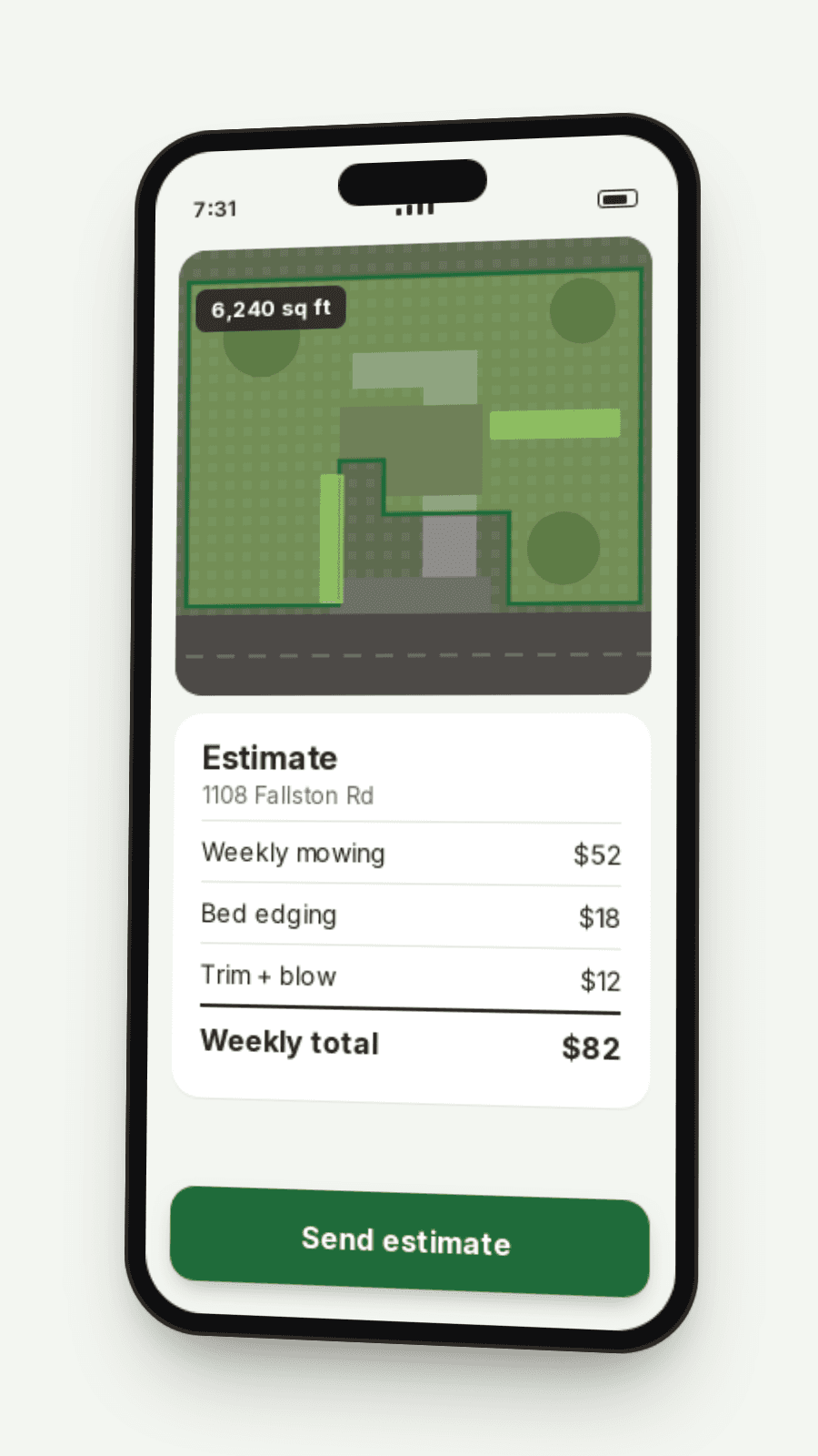 Phone showing an estimate being built from a property measurement