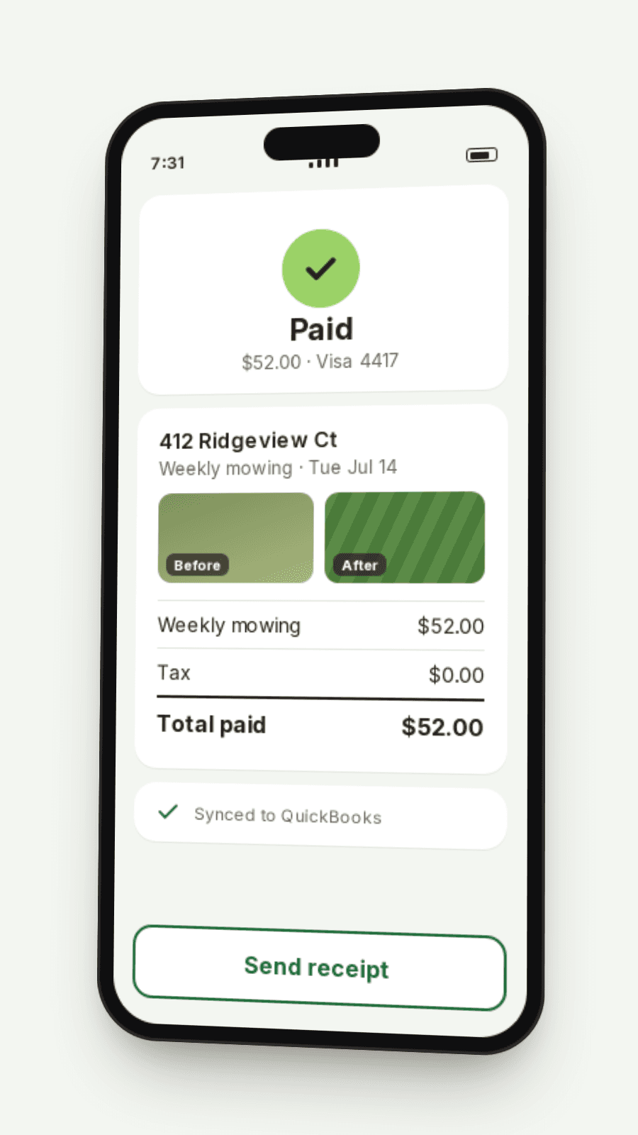 Phone showing an invoice sent and paid