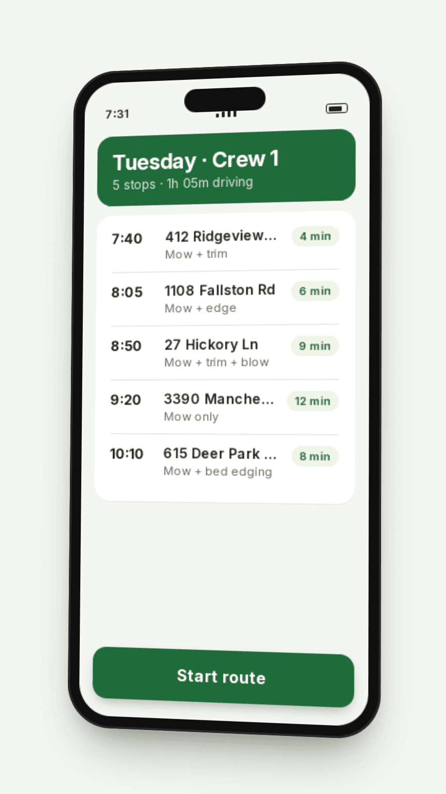 Phone showing a day's job list with drive times